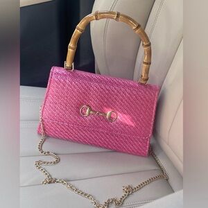 Pink Woven Handbag with Bamboo Handle